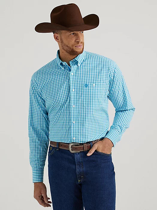 Wrangler® George Strait Collection Long Sleeve Shirt - Mens - BLUE AQUA PLAID