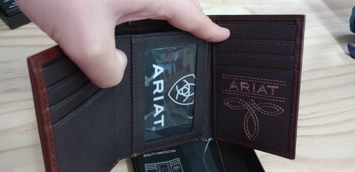 ARIAT MENS BIFOLD WALLET TWO TONE SHIELD LOGO TAN