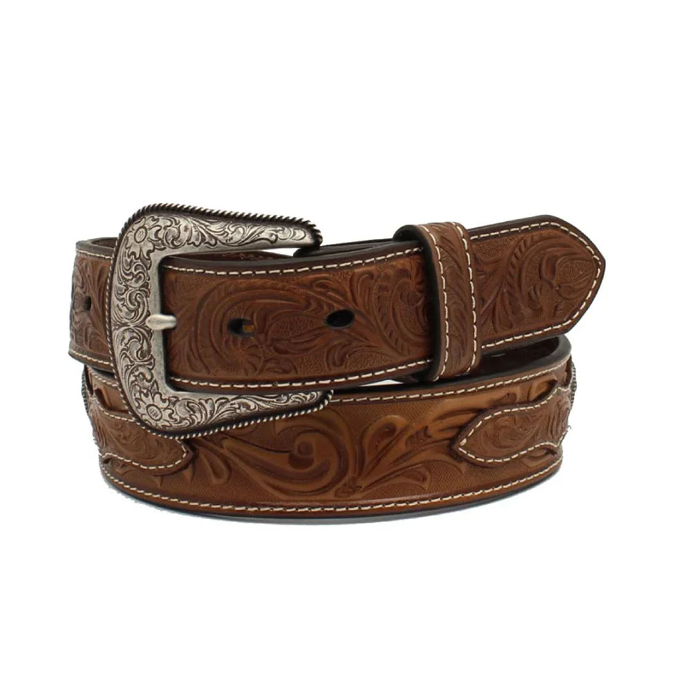 Ariat Mens Belt 1 1/4 Floral Tooled Tabs Round Cross Concho Brown
