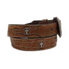 Ariat Mens Belt 1 1/4 Floral Tooled Tabs Round Cross Concho Brown