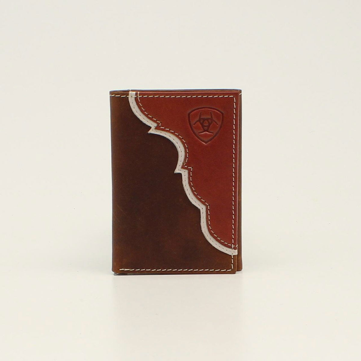 ARIAT MENS BIFOLD WALLET TWO TONE SHIELD LOGO TAN