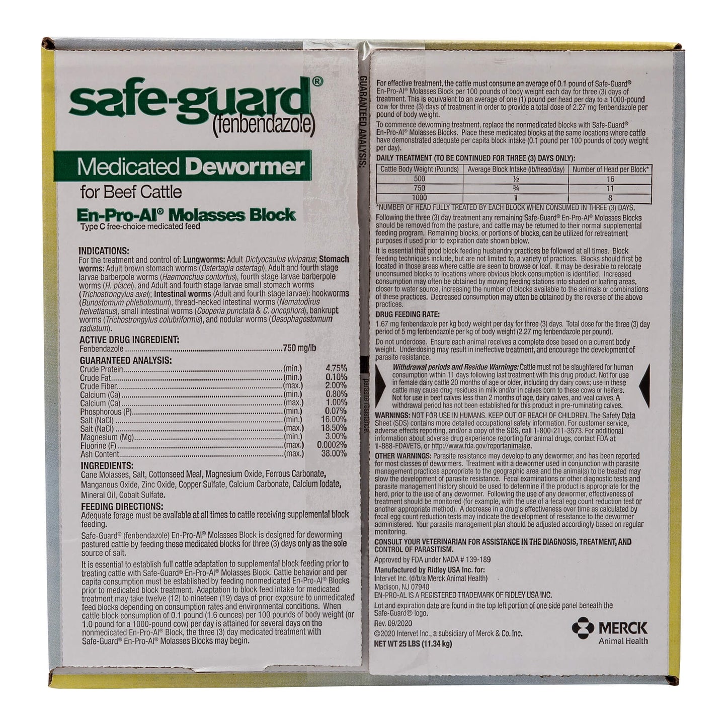 Safe-Guard Cattle Medicated Dewormer 25lb En-Pro-Al Molasses Block