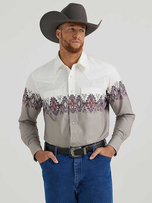 Checotah® Western Long Sleeve Shirt -Mens - White/Gray