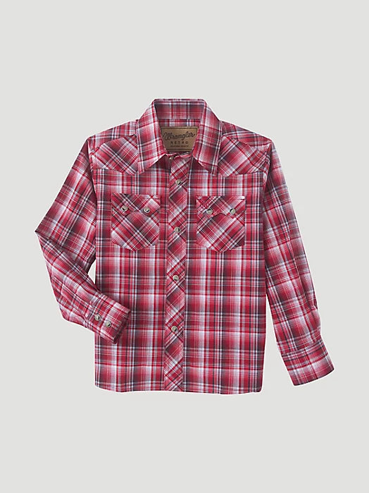 Boy's Wrangler Retro Long Sleeve Western Snap Shirt - RED PLAID