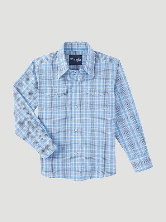 BOY'S LONG SLEEVE WRINKLE RESIST WESTERN SNAP PLAID SHIRT IN BABY GREY PLAID