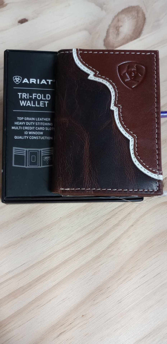 ARIAT MENS BIFOLD WALLET TWO TONE SHIELD LOGO TAN