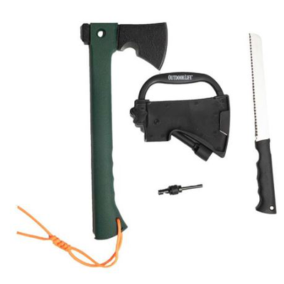 Green camping hatchet with sheath, wood saw and fire starter