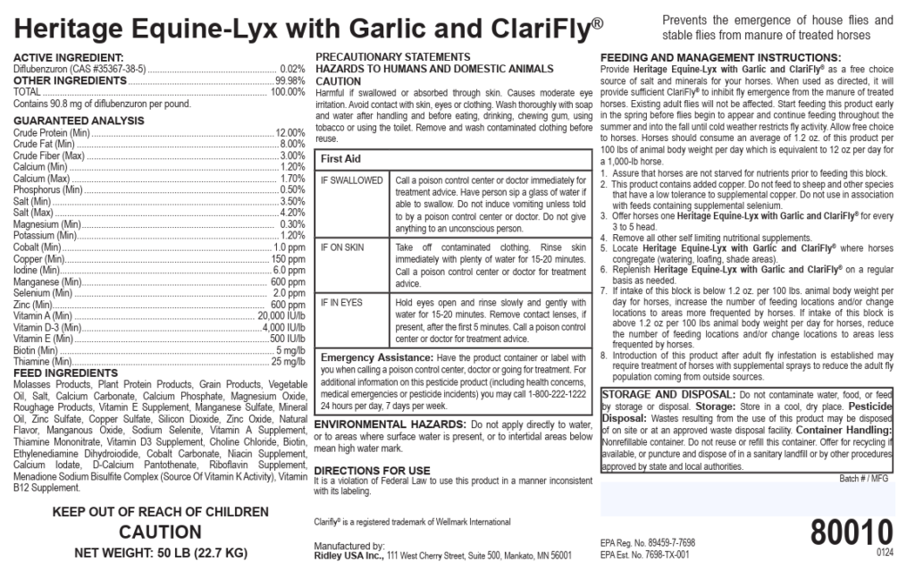 Heritage Equine-Lyx w/Garlic & CLARIFLY- 50lbs