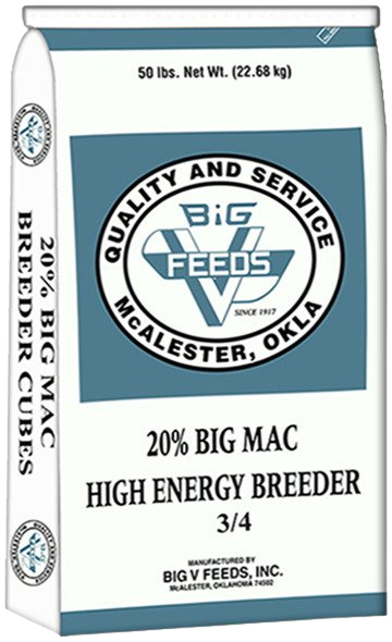 A bag of BIG V FEEDS 20% BIG MAC High Energy Breeder Cubes for cattle nutrition.